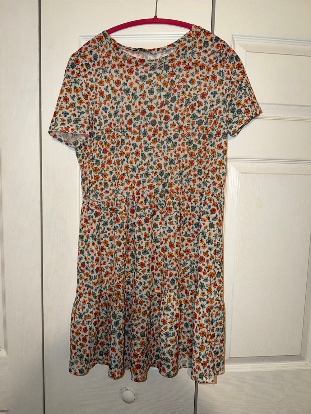 Zara Short Sleeve Knit Skater Dress - White with Orange & Green Floral Print